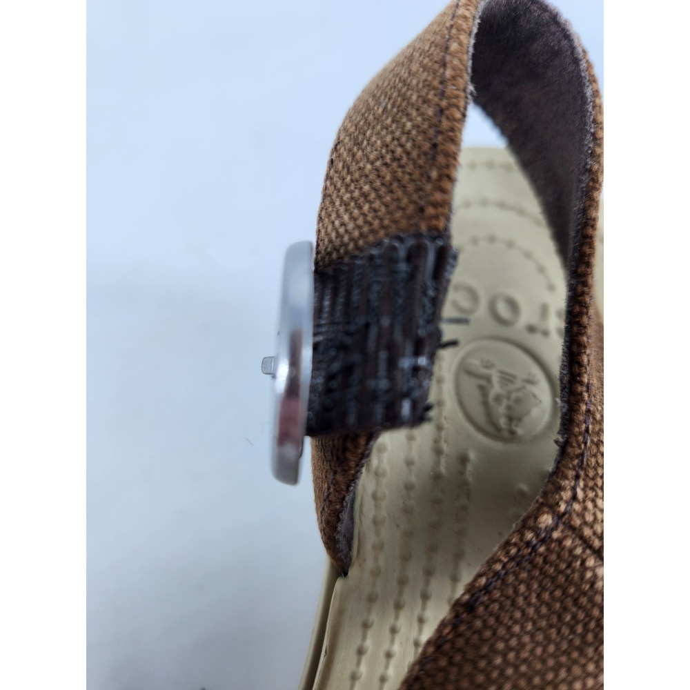 Crocs Hanalei Wedge Sandals Womens 7 Brown Canvas Ankle Strap Platform Peep Toe - Picture 5 of 12